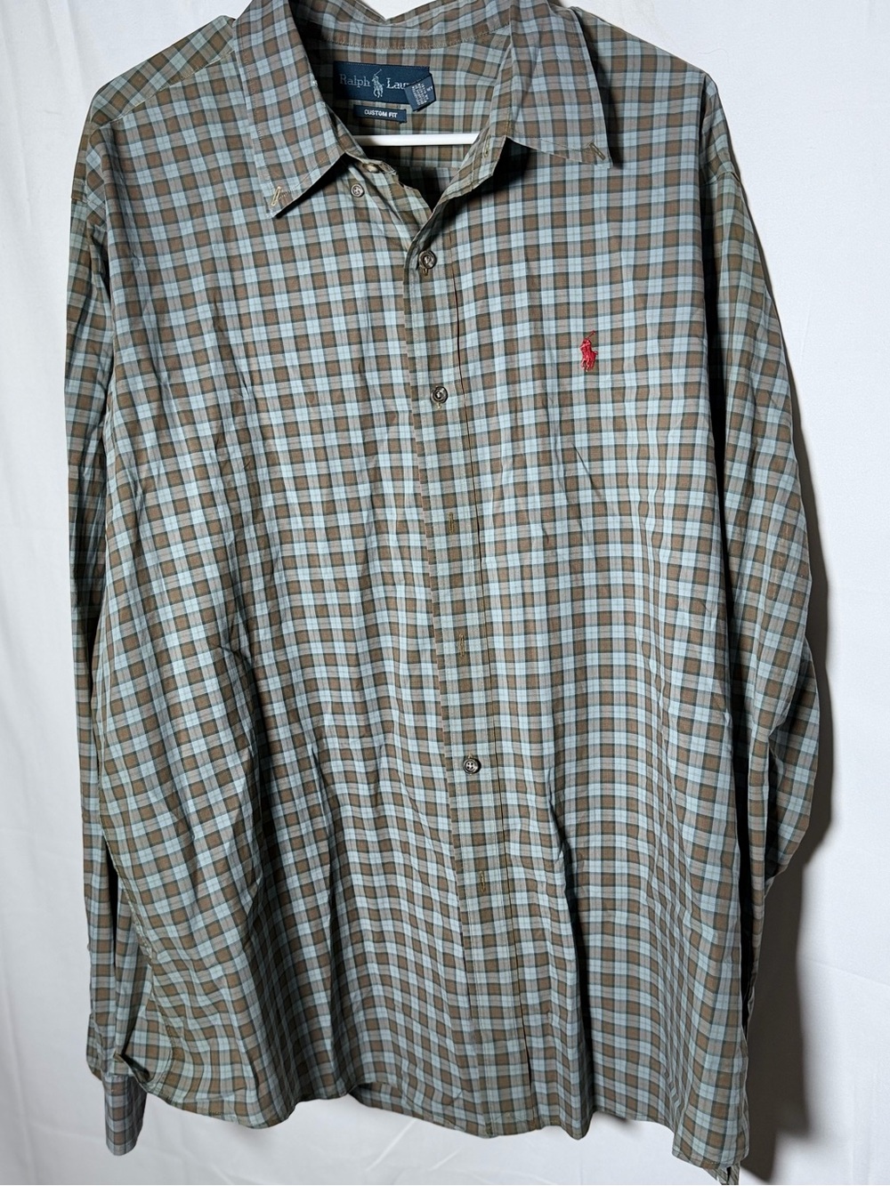 Ralph Lauren Men’s Brown & Light Blue Plaid Button-Down Shirt with Red Pony